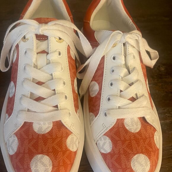 Michael Kors*Michael Kors Romey Polka Dot Orange & White Platform Sneakers Sz.7 - Picture 4 of 12